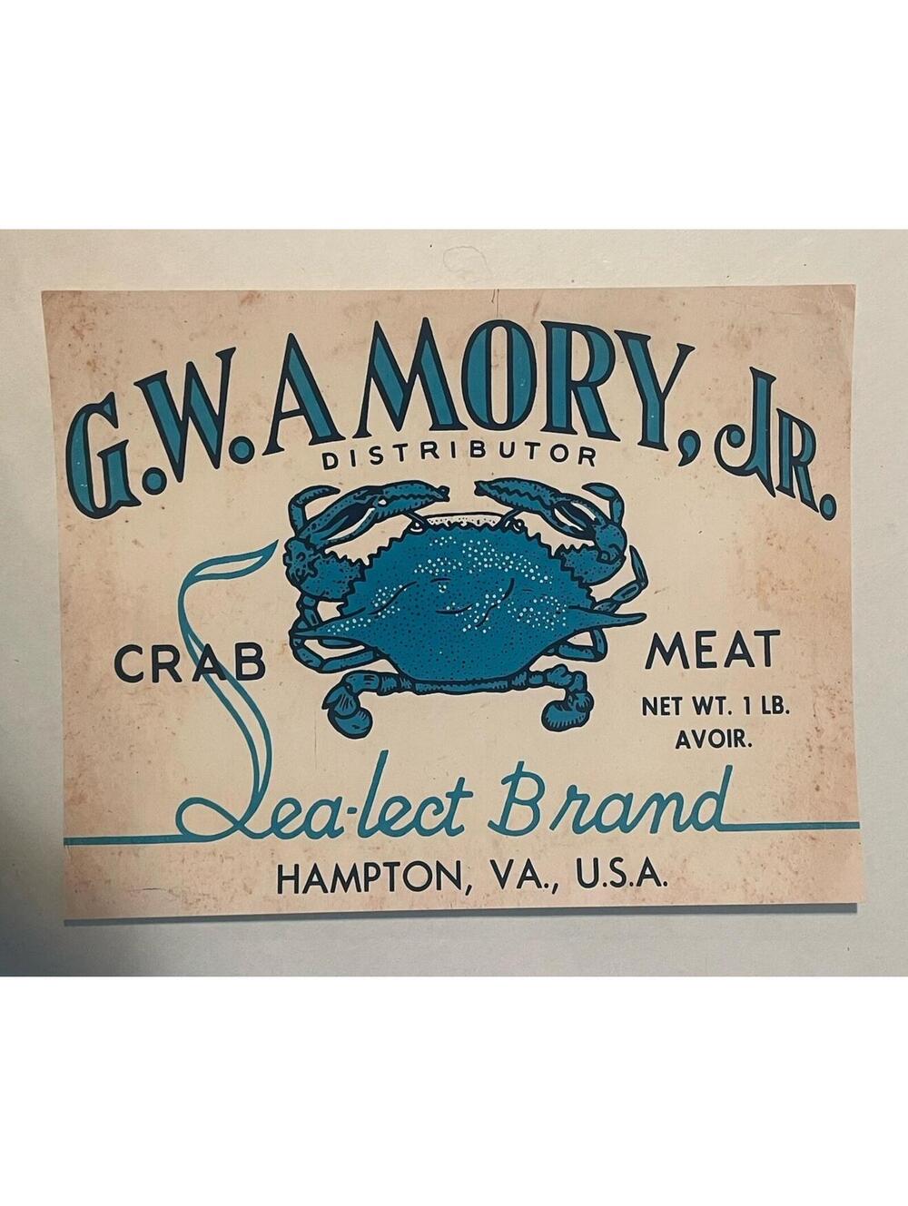 G.W Amory JR Crabmeat PRINT 8.5x11 Vintage Ad Sign Can Tin Crab Meat Hampton VA